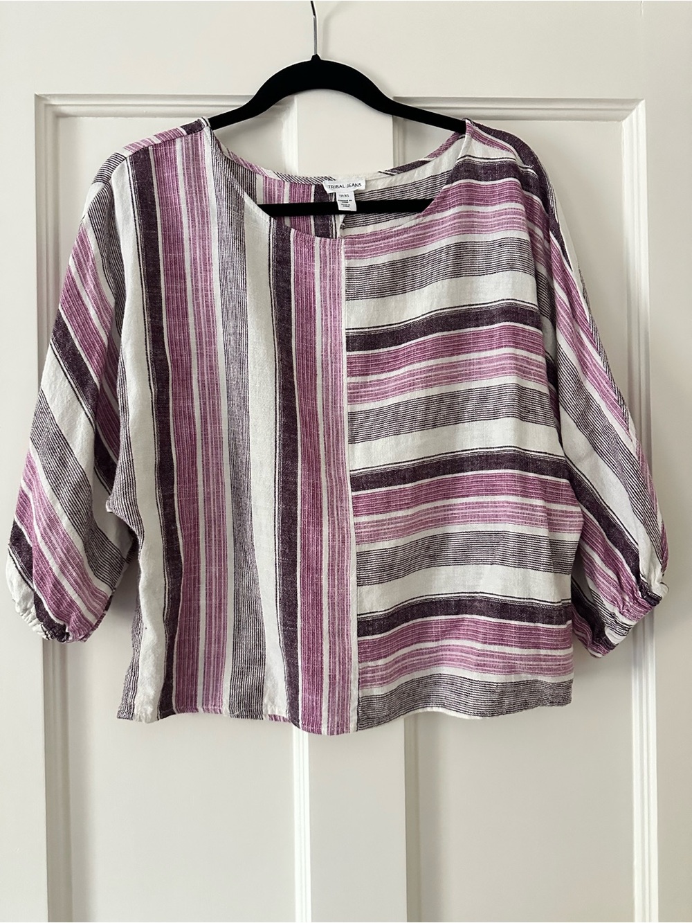 Tribal Jeans Striped Purple & White Striped Linen Top XS